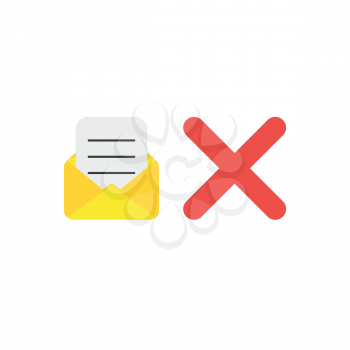 Flat design vector illustration concept of open yellow envelope with written paper and red x mark symbol icon.