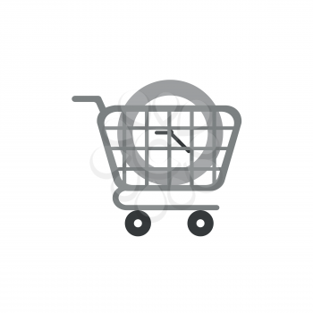 Flat design vector illustration concept of clock time symbol icon in grey shopping cart.