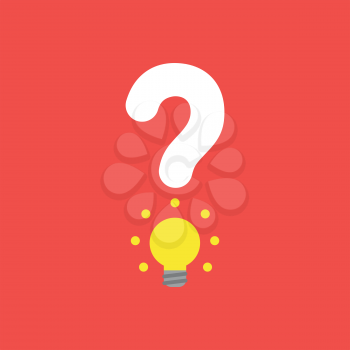 Flat vector icon concept of question mark with glowing yellow light bulb on red background.
