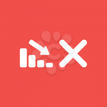 Flat vector icon concept of sales bar graph moving down with x mark on red background.