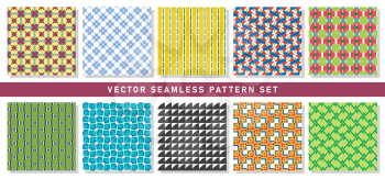 Vector seamless pattern texture background set with geometric shapes in red, yellow, blue, black, white, green and white colors.