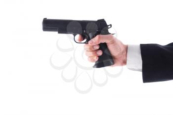Man holding a pistol on a white background.