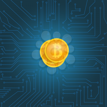 Coin bitcoin on the motherboard. Vector illustration .