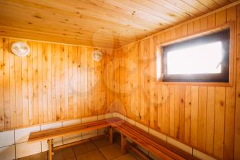 Interior Of The Sauna - Shelves, Window, Lamp, Nobody