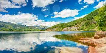 Norway Nature Fjord, Summer View. Sunny Day, Landscape With Mountain, Pure Water Lake, Pond, Sea