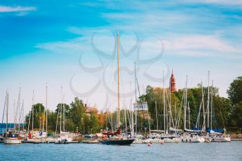 Helsinki, Finland. Harbour And Quay Yacht Stand At Pier, Jetty In Summer Day