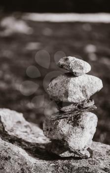 Stack Of Rocks Stones, On Blurred Background, On Norwegian Mountain, Norway Nature.
