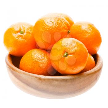 Tasty Sweet Tangerine Orange Mandarin Mandarine Fruit In Wooden Bowl Isolated On White Background