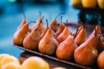 Tbilisi, Georgia. Close View Of Fresh Pears In Tray On Showcase Of Local Food Market, Bazar.