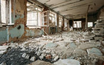 Abandoned Building Interior In Chernobyl Zone. Chornobyl Disasters