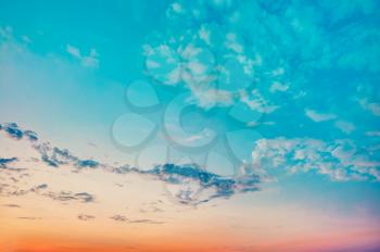 Sky Background, Bright Blue, Orange And Yellow Colors Sunset. Instant Photo, Toned Filtered Image