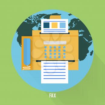 Fax icon with map in flat design. Set for web and mobile applications of office work