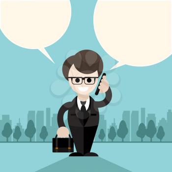Happy businessman holding phone in his hand near head and talking bubble other hand holding briefcase with documents on city background cartoon design style