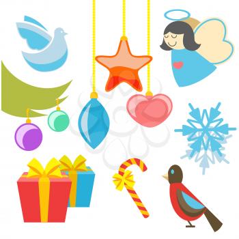Christmas retro icons, elements and illustrations of angel tree star dove bird gift