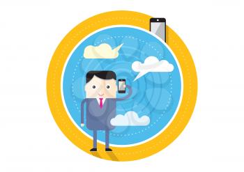 Happy businessman holding phone in his hand near head and talking cartoon design style