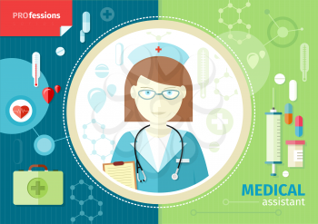 Profession concept with medical assistant in uniform with stethoscope and blank clipboard