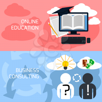 Flat design concept of online education, e- learning, business consulting and professional support