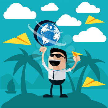 Happy man stands on an island of palm trees holding globe and launches paper airplanes cartoon flat design style