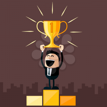 Happy businessman stands on pedestal holds cup overhead cartoon flat design style