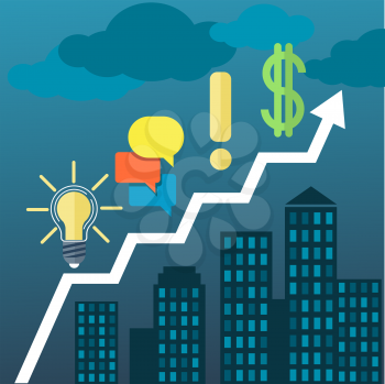 Real estate business diagram line style arrow in town with bubble, dollar, lightbulb and exclamation mark. Template for infographic