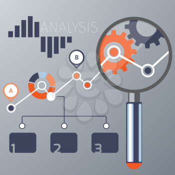 Growth chart with magnifying glass focusing on point. Infographic steps banners. Representing success and financial growth. Graphical analysis in flat design style