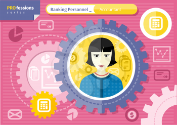 Profession series concept for banking personnel with smiling female accountant in formal wear and necklace in circle frame on pink with financial icons background