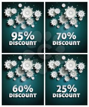 Falling snow background paper snowflakes over night dark sky with text discount set