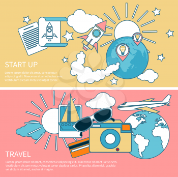 Start up rocket idea. New business project start up, launching new product or service in flat design. International business travel by airplane. Tourist icons around the planet