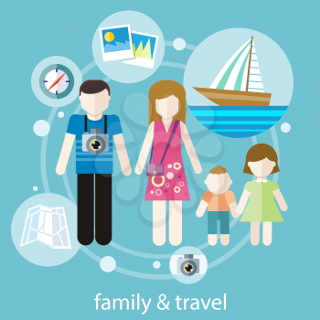 Happy family trip traveling. Parents with their children going for vacations. Concept in flat design