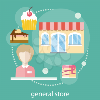 Sweet store concept in flat design with seller near chocolate muffins donuts cakes and candies