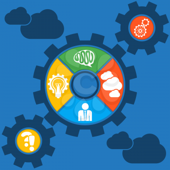 Cogwheel powering a big idea with a gear system. Infographic template with icons brain cloud man lightbulb