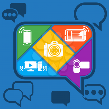 Bubble chatting infographic with icons mobile or cell phone, smartphone, contact set camera videocamera in flat design style