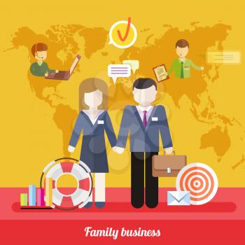 Business job icons in flat design around famile. Business job family concept. Balance between work and family life. Husband and wife holding each others hands on background with world business map