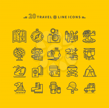 Set of black travel thin, lines, outline icons of summer vacation, tourism and journey. Items for travel in flat design on yellow background. For website and mobile applications 