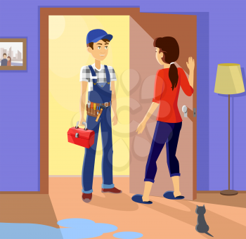 Housewife meets master repairman. Service uniform, occupation professional, repair mechanic work, technician fixing, tool and workman, toolbox and handyman, plumber or serviceman illustration