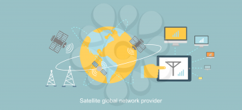 Satellite global network provider icon flat. Internet communication, computer technology, information digital, signal and connection station, web wireless space illustration