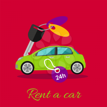 Rent a car. Car rentals by the hour or day 24-7. Green car with a key. Rent a car concept in flat design cartoon style. Car, car rental, rent, car keys, car hire, car leasing, rent a car icon, taxi