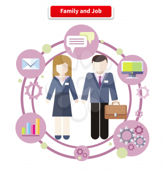 Set of business job icons in flat design around family. Job family concept. Balance between work and family life. Family and job. Husband manager. Wife manager. Circulation job and family