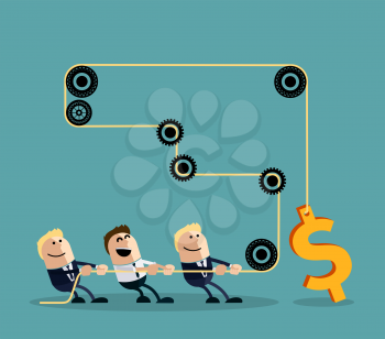 Happy businessman pulling rope with dollar through several intermediaries gears cartoon flat design style. Team, teamwork concept, working together, collaboration, business teamwork,  leadership
