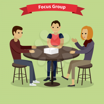 Focus group target audience at aim. Market research, focus, group discussion, survey, research, focus concept, interview. Group of people sitting at the table. Focus group concept. Focus group team