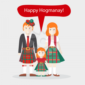 Scots people congratulations Happy New Year. Holiday and native language and clothes, speech bubble family wish, celebration national ethnic illustration