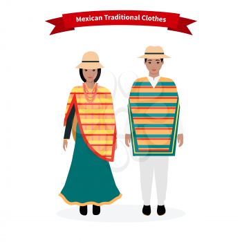 Mexican traditional clothes people. Man with hat, ethnic culture, costume for woman, dress native national, person lady character, tradition nationality clothing with pattern illustration