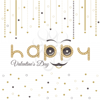 Text with smiley eyebrows and moustache. Valentines Day card lettering red background. 14 february holiday. Happy Valentines Day card love story. Greeting Card Valentines Day. Gold glitter card vector