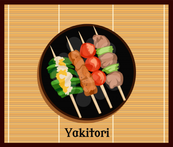 Asian Yakitoris skewers set of appetizing cartoon yakitori skewers icons, yakitori with meat , beef and cheese. Fried chicken croquettes, for asian fastfood and takeout restaurants menu. Yakitori icon