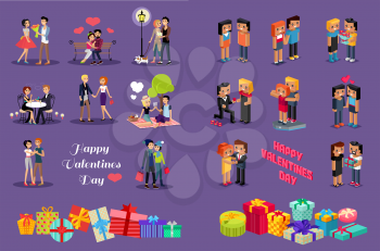 Isometric Valentines day. Isometric family couples love hearts 3d. Little cupids 3d icons. Flirting, wedding and parenting, love, first date. Family together concept. Valentine day people couple