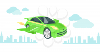 Car of future icon flat isolated. Vehicle and technology transportation, automobile transport, energy power, auto industry, drive logo, driving innovation, efficiency and sedan illustration