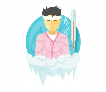 Winter illness season people design. Cold and sick, virus and health, flu infection, fever disease, sickness and temperature, unwell and scarf illustration. Infected infographic. Illness concept