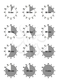 Set of time second stopwatch design flat. Clock and stopwatch icon, time and stopwatch hand, watch and stopwatch minute, second time, timer instrument, equipment stopwatch illustration