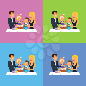 Happy childhood easter family set design. Easter egg and spring happy easter family. Family easter holiday vector illustration in cartoon flat design