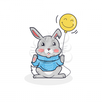 Gray hare with balloon isolated. Cute gray bunny in woolen sweater holding a paw balloon isolated on white background, animal fluffy easter rabbit in a warm blue clothes. Vector illustration